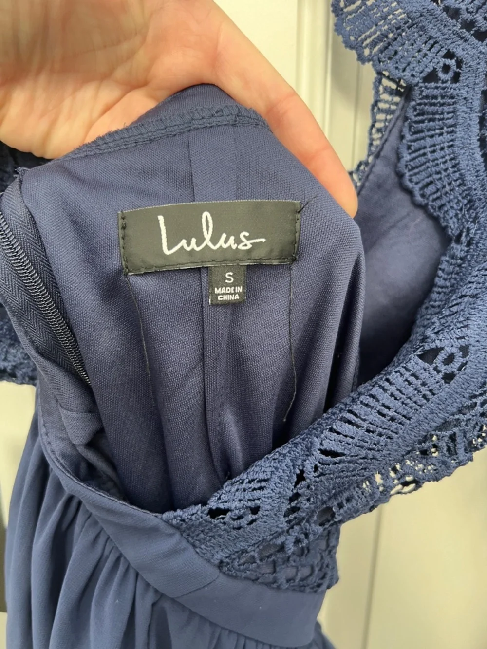 Lulus Awaken My Love Navy Blue Crochet‎ Lace Long Sleeve Maxi Dress Small NWT